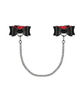 Наручники бантики с цепочкой на карабине, черно-красный, A745 - No Taboo