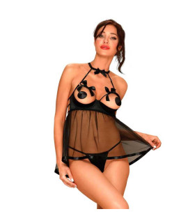 Сексуальная сорочка с открытой грудью и спиной, декорированная, 2 предмета, черный, размер L/XL - No Taboo