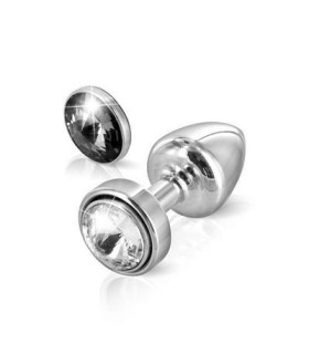 Анальна пробка Diogol сріблястого кольору, зі змінними каменями, білий / чорний, 25 мм - No Taboo