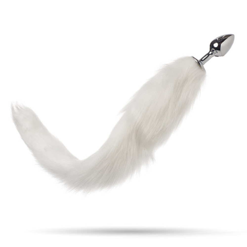 Анальна пробка IDEA SM з білим хвостом, срібляста, 7 х 2.5 см (31878), zoom
