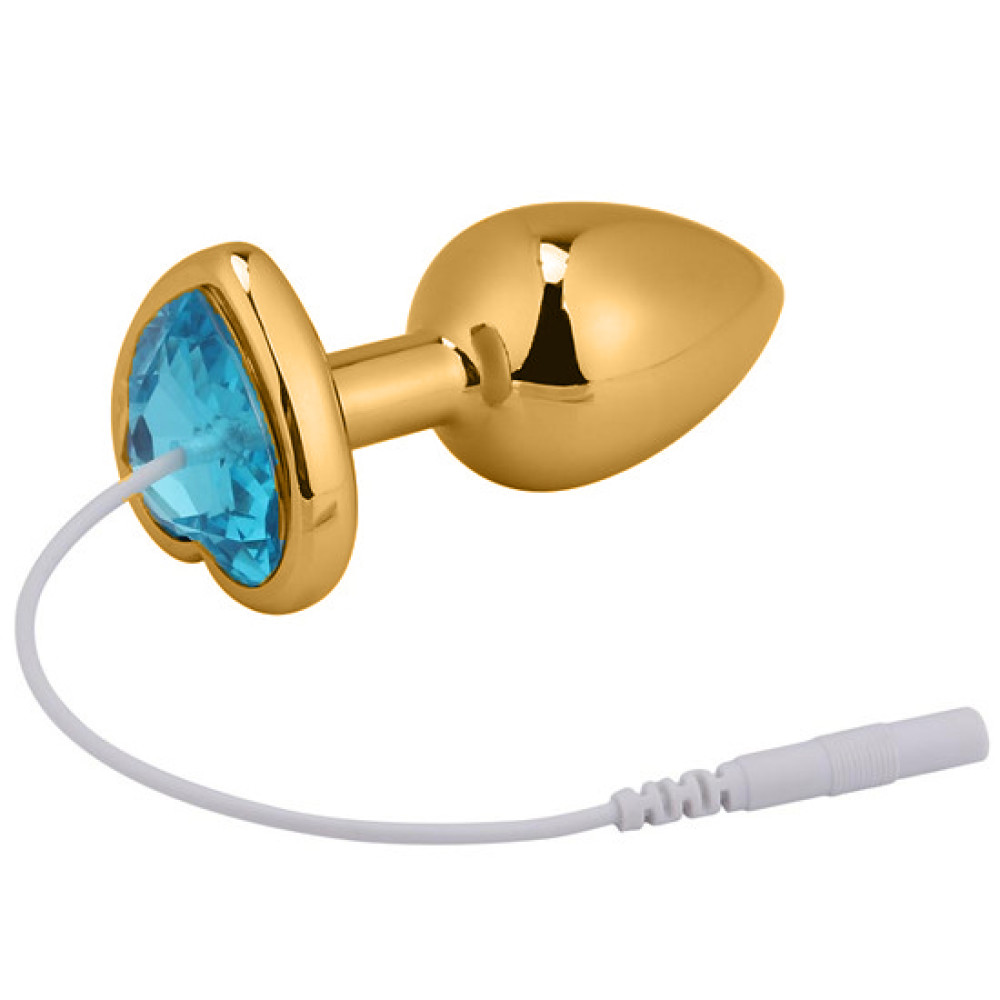 Металлическая анальная пробка, 2.5 см х 6.5 см, для электростимуляции, золотая, с голубым камнем (30091), zoom