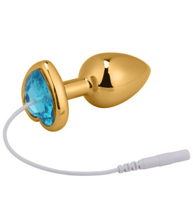Металлическая анальная пробка, 2.5 см х 6.5 см, для электростимуляции, золотая, с голубым камнем - No Taboo