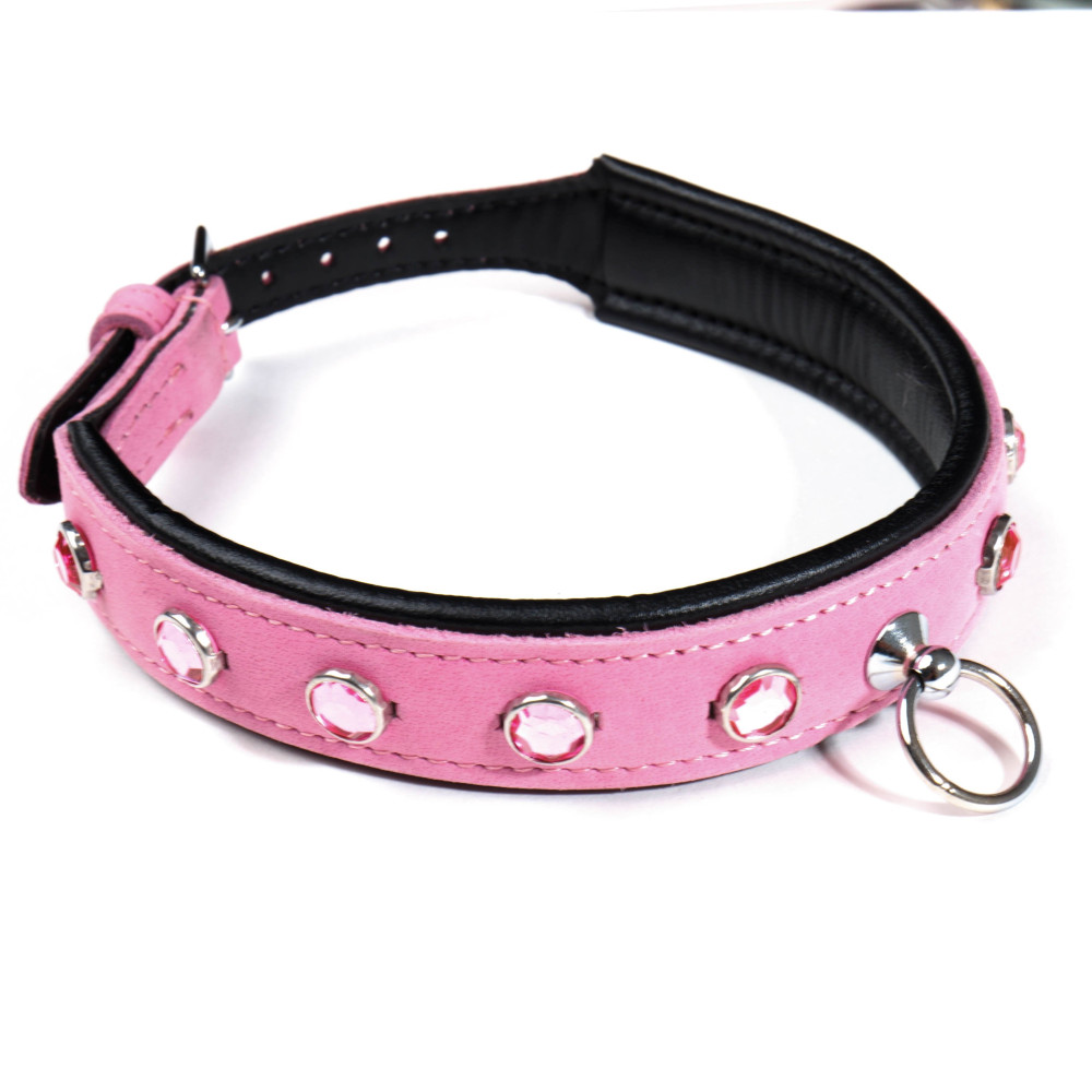 Ошейник кожаный розовый с белыми камнями Голландия ручная работа (28568), zoom