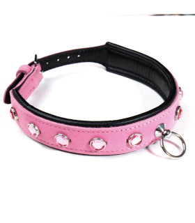 Ошейник кожаный розовый с белыми камнями Голландия ручная работа - No Taboo