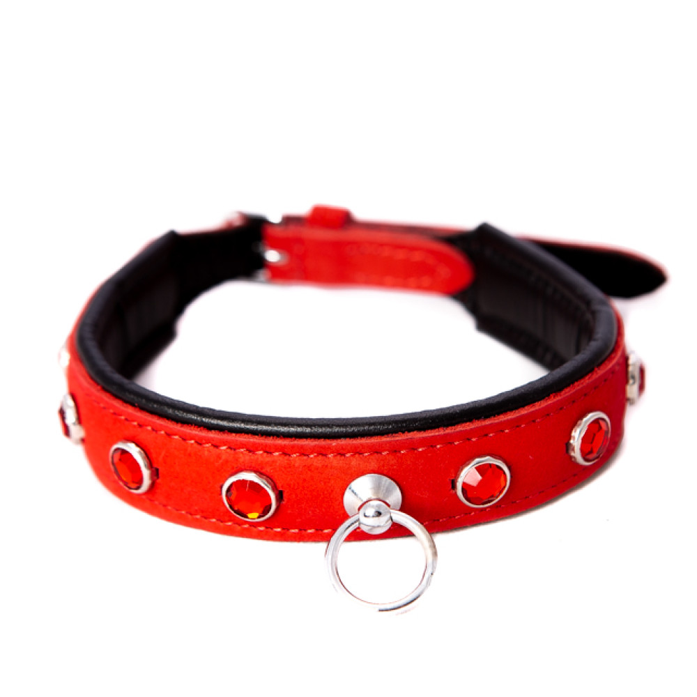 Ошейник кожаный красный с красными камнями Голландия ручная работа (28570), zoom