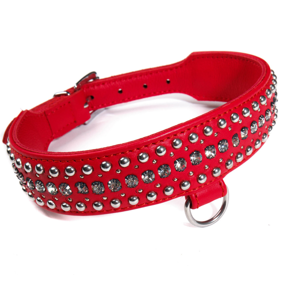 Ошейник кожаный красный с заклепками и камнями Голландия ручная работа (28561), zoom