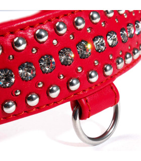 Ошейник кожаный красный с заклепками и камнями Голландия ручная работа - No Taboo
