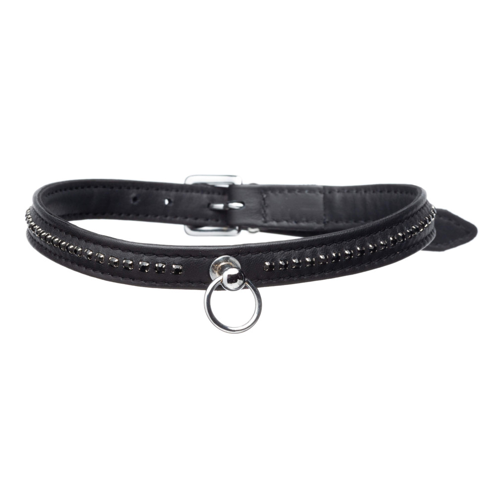 Ошейник тонкий кожаный со стразами Голландия ручная работа (35002), zoom