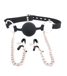 Силіконовий кляп з затискачами для сосків - No Taboo