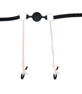 Силіконовий кляп з затискачами для сосків - No Taboo