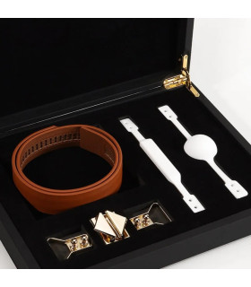 Набір кляп-кулька і кляп-брусок Lockink, силікон і натуральна шкіра, коричнево-білий - No Taboo