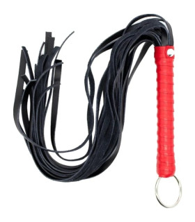 Флоггер с красной рукоятью Fetish Flogger черный, 40 см - No Taboo