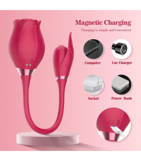 Вибратор и клиторальный стимулятор в форме розы Boss Series ROSE Miss Coyness 2 в 1, 32.5 см х 5 см - No Taboo