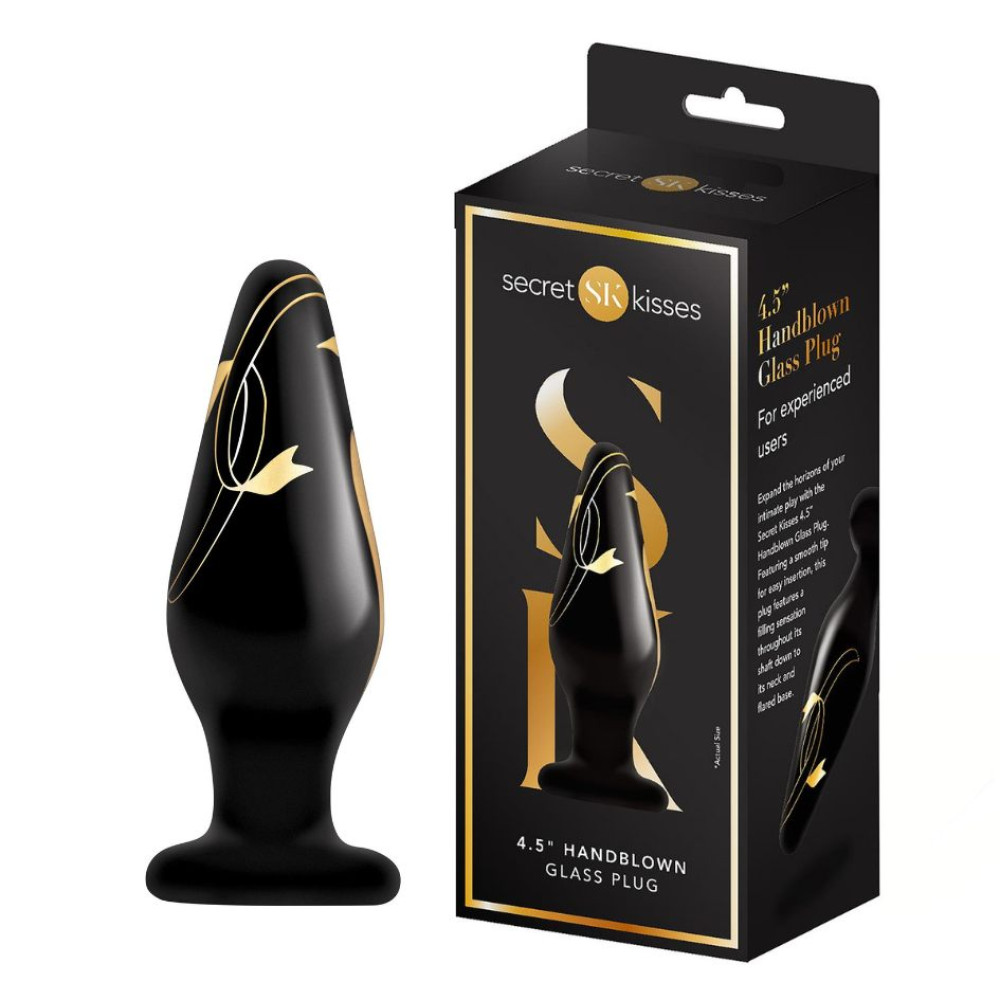 Анальна пробка скляна, 11.5 х 4.8 см, Secret Kisses Handblown Glass Plug з візерунком, чорна (332290), zoom