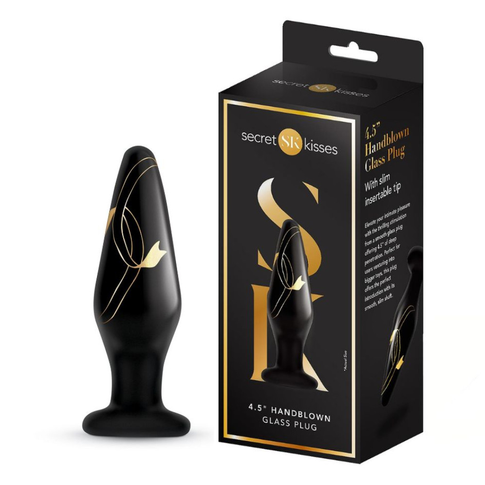 Анальная пробка стеклянная, 11.4 х 3.3 см, Secret Kisses Handblown Glass Plug с узором, черная (332282), zoom