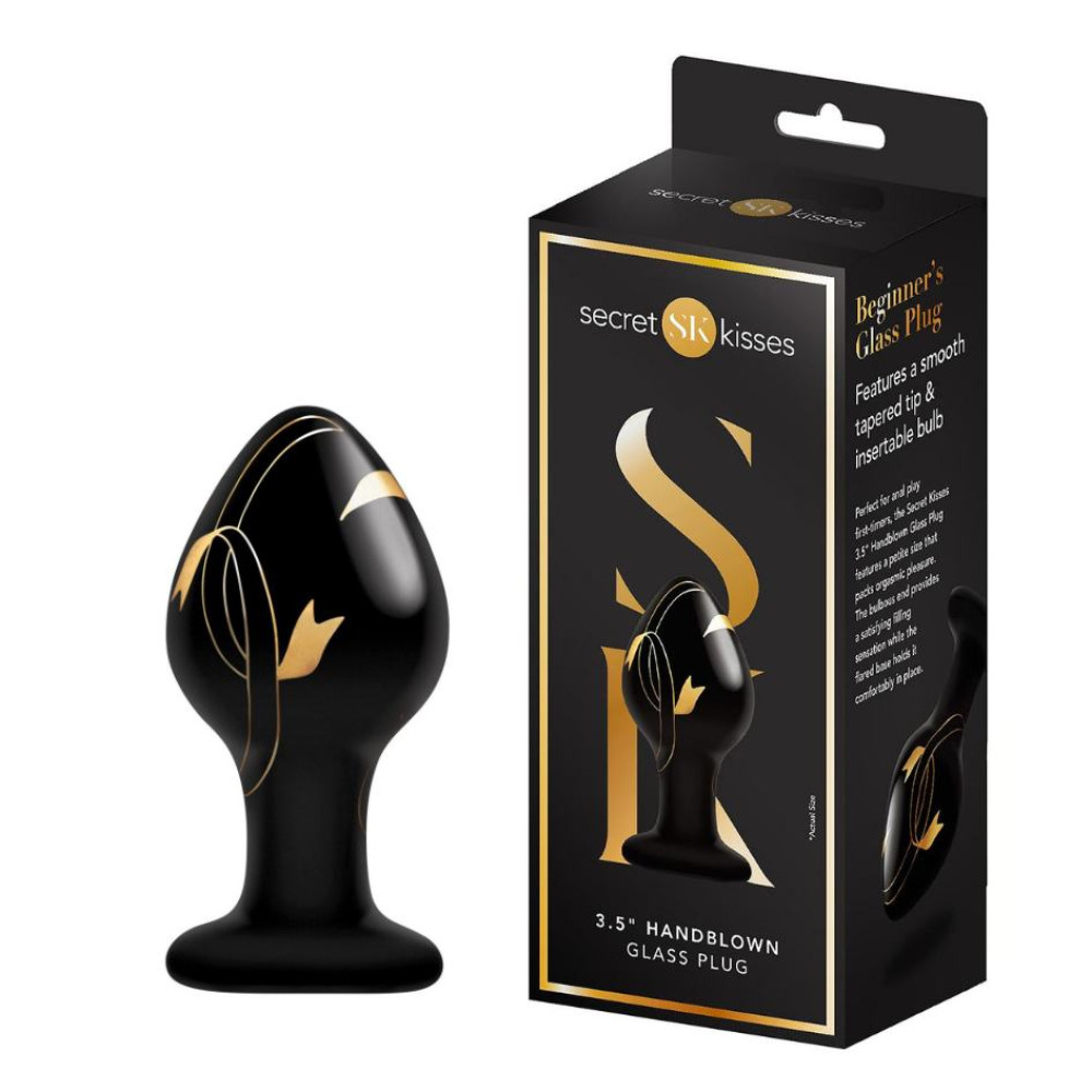 Анальна пробка скляна, 8.9 х 4 см, Secret Kisses Handblown Glass Plug з візерунком, чорна (332310), zoom