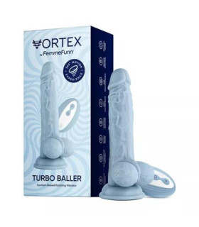 Вибратор реалистичный с ротацией FemmeFunn Vortex Turbo Baller с мошонкой на присоске, с пультом, голубой, 20.5 см х 3.8 см - No Taboo