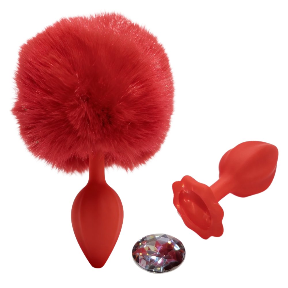 Набор пробка, хвостик и кристал ALUME, S, красная с красным хвостиком и прозрачным камнем, 7 х 2.7 см (341518), zoom