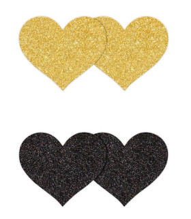 Пестиси у формі серця Pretty Pasties Glitter Hearts, чорні та золоті, O/S - No Taboo