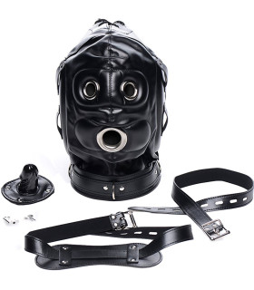 Шлем-маска на голову Bondage Hood с кляпом пенисом, черная - No Taboo