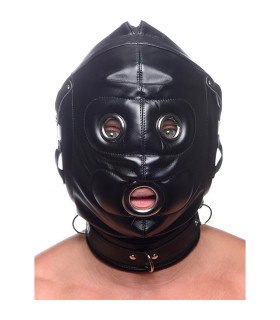 Шлем-маска на голову Bondage Hood с кляпом пенисом, черная - No Taboo