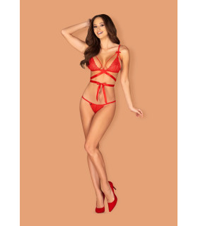 Комплект сексуальный, кружевной с лентами, красный, L/XL - No Taboo
