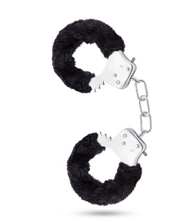 Наручники металлические Blush Temptasia с ключиками и искусственным мехом, серебристо-черные, 27.5 х 6.8 см - No Taboo