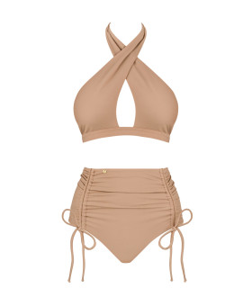 Купальник з топом на зав'язках і високими трусиками, бежевий, M - No Taboo