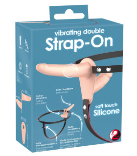 Подвійний страпон на ременях з вібрацією, тілесного кольору - No Taboo