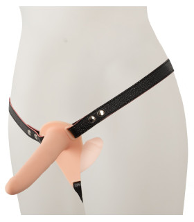 Подвійний страпон на ременях з вібрацією, тілесного кольору - No Taboo