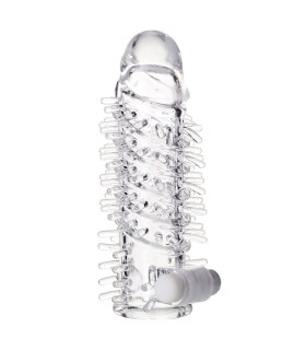 Закрытая рельефная насадка на член с вибрацией, прозрачная, 13.4 см - No Taboo