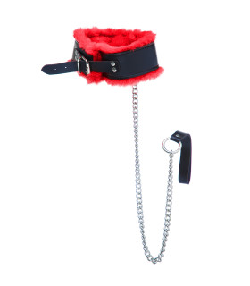 Нашийник з повідцем зі шкірозамінника з червоним штучним хутром, чорний - No Taboo