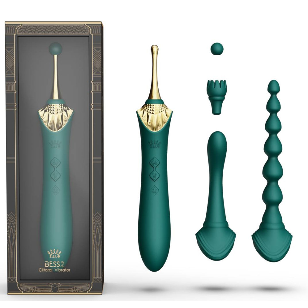 Вибратор двухсторонний универсальный ZALO BESS 2 Turquoise Green с 4 насадками и нагревом, зеленый (45914), zoom