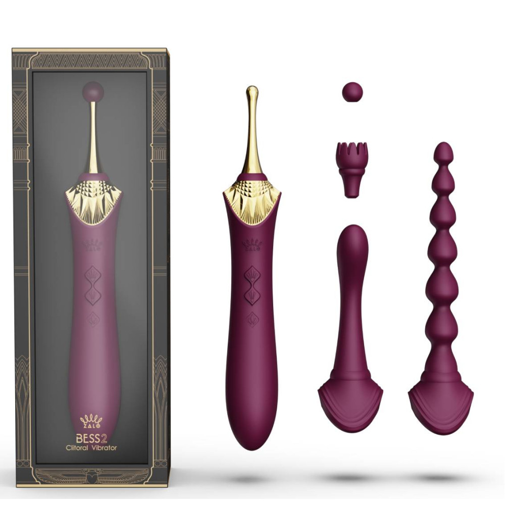 Вибратор двухсторонний универсальный ZALO BESS 2 Velvet Purple с 4 насадками и нагревом, фиолетовый (45915), zoom