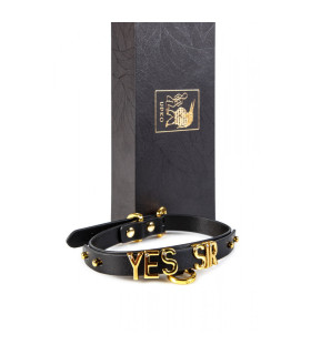 Чокер с надписью YES SIR от UPKO из итальянской кожи, черный с золотой фурнитурой - No Taboo