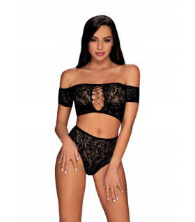 Комплект кружевной Obsessive Inessita топ и трусики, черный, S/M/L - No Taboo
