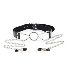 Кляп-кольцо с зажимами для сосков Fetish Ring Gag with Nipple Clamps, черного цвета - No Taboo