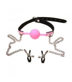 Кляп с зажимами на соски Fetish Locking Gag черный с розовым, 4 см - No Taboo