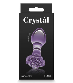 Анальна пробка зі скла, 3.9 см х 8.9 см, Crystal Rose з обмежувачем у формі троянди, фіолетова - No Taboo