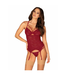 Эротический корсет Obsessive Ivetta и трусики из кружева с пажами для чулок, S/M - No Taboo