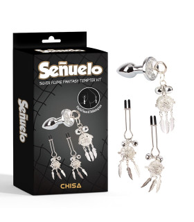  Набор анальная пробка и зажимы для сосков Chisa Senuelo Kit с кулонами и колокольчиками, серебристый - No Taboo