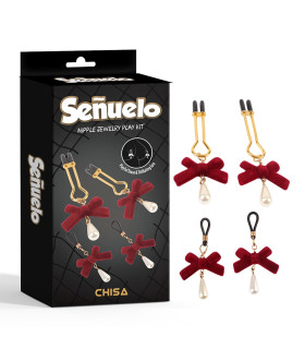 Зажимы для сосков Chisa Senuelo с бантиками и жемчугом, золотые - No Taboo