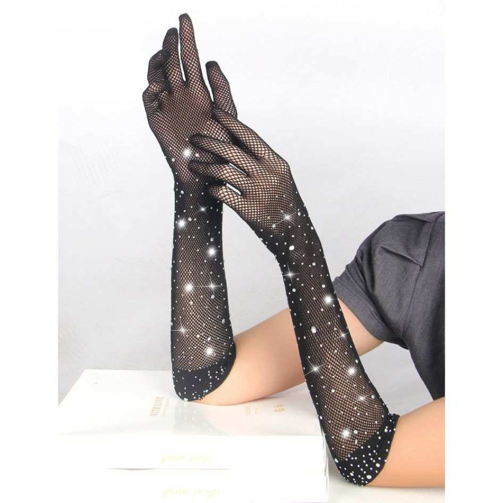 Рукавички в сітку зі стразами Star Night Glitter Rhinestone Gloves чорні, OS (333056), zoom