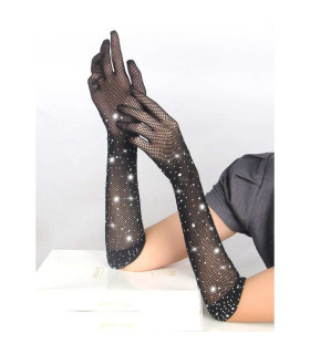 Перчатки в сетку со стразами Star Night Glitter Rhinestone Gloves черные, OS - No Taboo