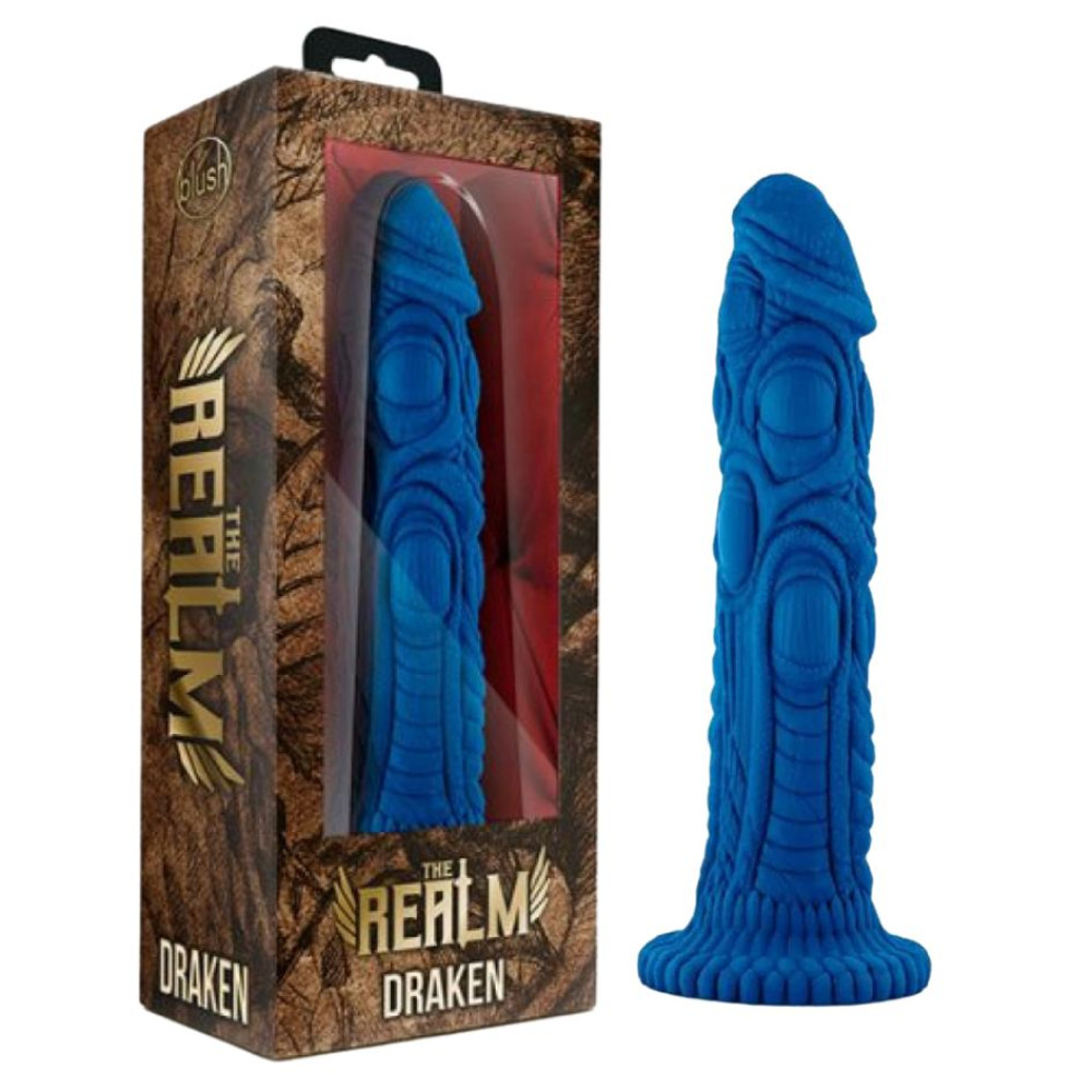 Насадка для страпона с рельефом Realm Draken, синяя 19 см, Vac-U-Lock (33396), zoom