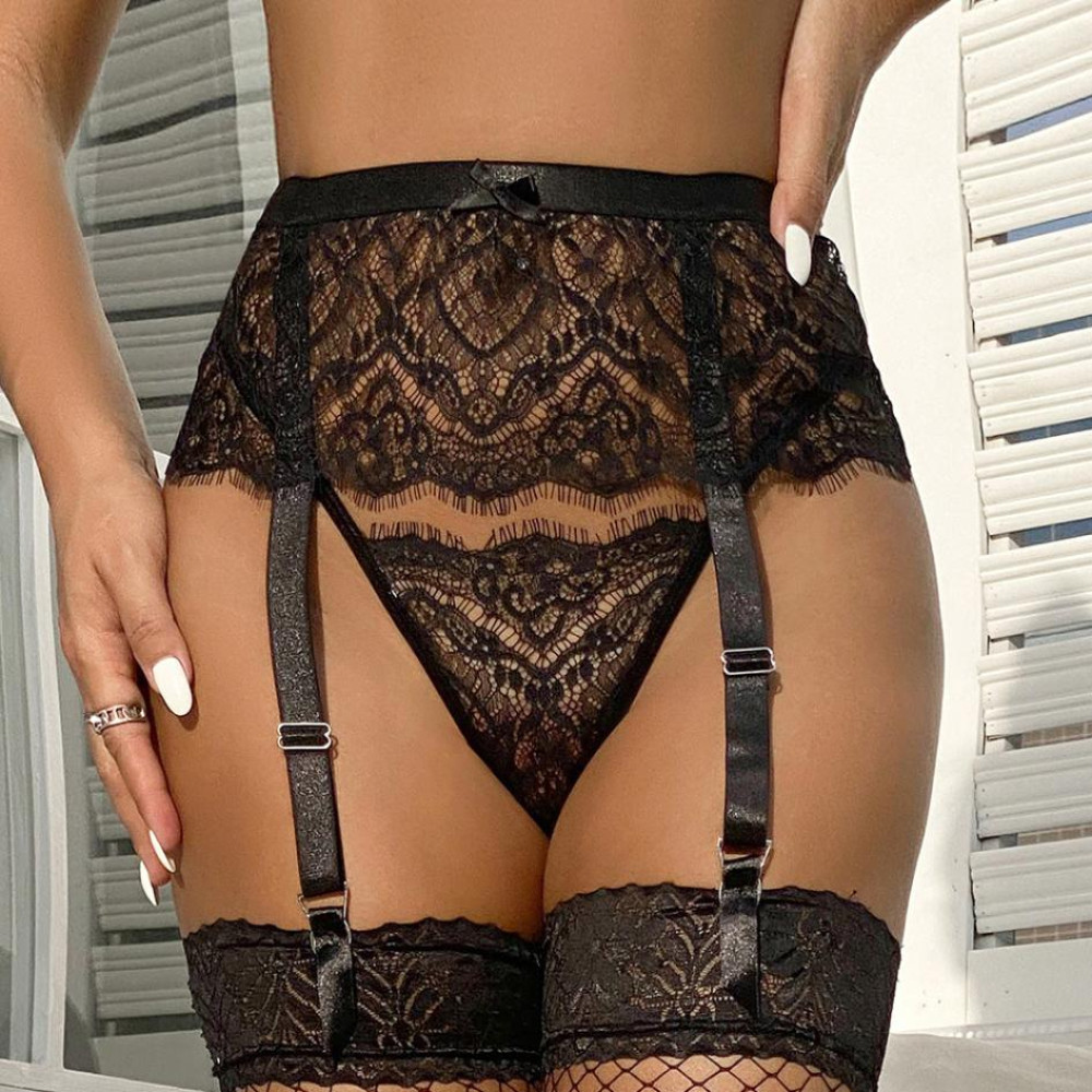 Пояс для чулок с трусиками Star Night Lace High Waist Garter Belt кружевной, черный, S-M (332788), zoom