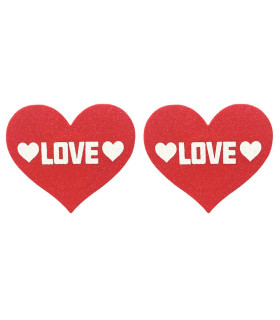 Наклейки на соски с блестками Star Night в форме сердечек с надписью Love, красные - No Taboo