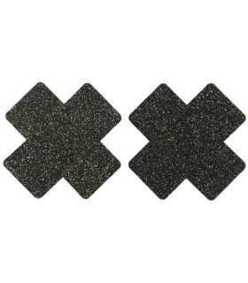 Наклейки на соски з блискітками Star Night Nipple Cover у формі іксів, чорні, 8 х 8 см - No Taboo