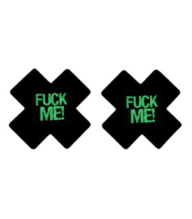 Наклейки на соски що світяться в темряві Star Night у вигляді хрестиків з написом, чорні, 8 х 8 см - No Taboo