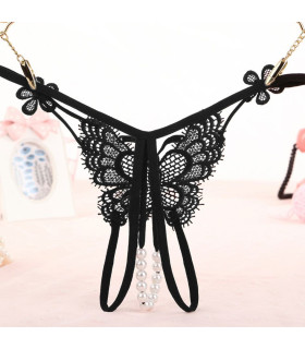 Cтринги с жемчужинами и кружевом Star Night Pearls с интимным вырезом, черные, XS-S - No Taboo